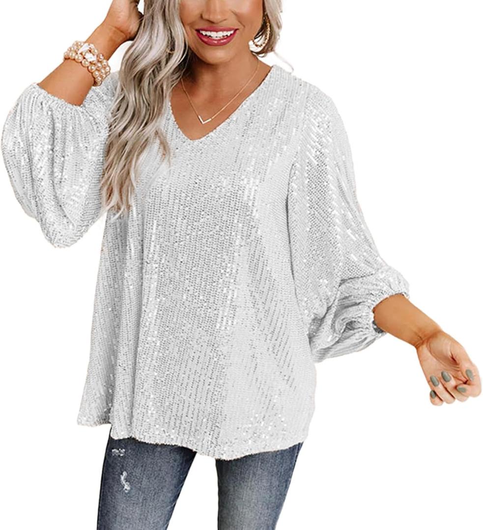 MAYSTEPPE Women Sequin Top Sexy V Neck Balloon Long Sleeve Sequin Shirt Sparkly Glitter Party Tops Blouse for Party Club XL 