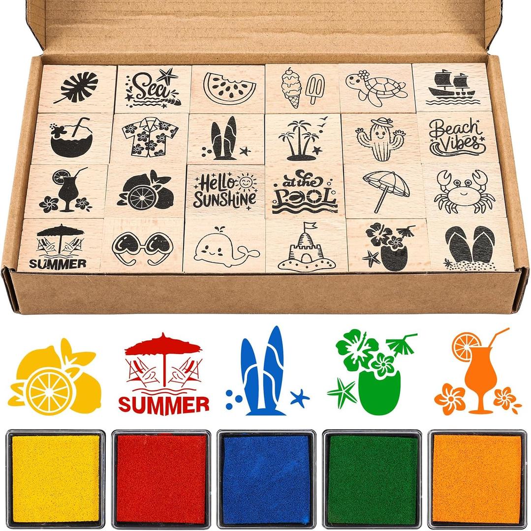 Whaline 24 Pcs Summer Wooden Rubber Stamps Tropical Beach Cartoon DIY Craft Stamps for Hawaiian Coastal Party Decor Scrapbooking Cards Making