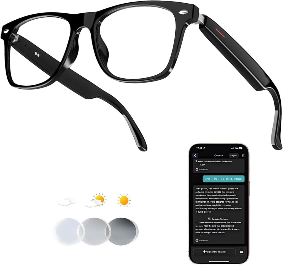 Ai Wireless Bluetooth Translation Smart Glasses with 140+ Languages Real-Time Translation for Men/Women,Travelling/Business Communicating/Driving(E13+AI+Color Change Lenses+Black)