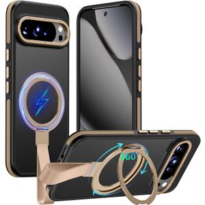 TIANNIUKE for Google Pixel 10 Pro XL Case 360Rotatable Magnetic Ring Holder Stand with Silicone Strap, Fit for MagSafe Mil-Grade Shockproof Translucent Matte Phone Case (Desert Gold)