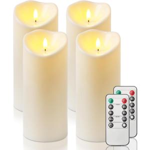Homemory 4"x9" Outdoor Waterproof Flameless Candles with Timers and Remote Control, Battery Operated Candles, LED Plastic Candles, Ivory White, Set of 4