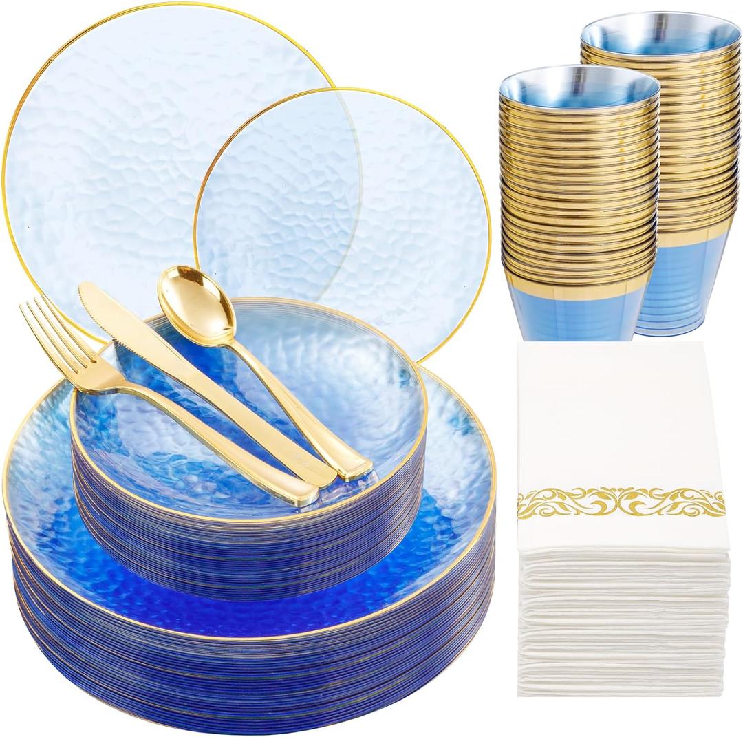 DaYammi 175PCS Clear Blue Gold Plastic Dinnerware Set for 25 Guests, Hammered Disposable Plates for Party, Include: 25 Dinner Plates, 25 Dessert Plates, 75 Gold Silverware, 25 Napkins, 25 Cups