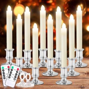 Verdenu 10 Pack Christmas Window Candles with Timer Remote, Battery Operated Electric LED Candles with Holder/Suction Cups for Christmas Decorations, Silver