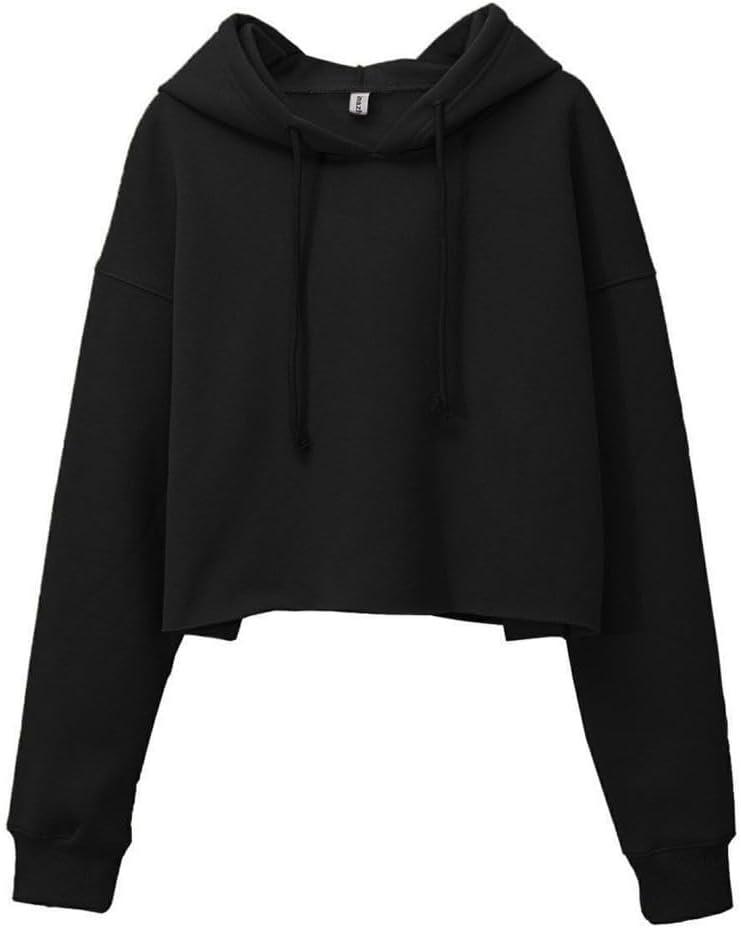 Amazhiyu Women's Cropped Hoodies Long Sleeves Fleece Crop Top Sweatshirt with Hooded (Black, L)