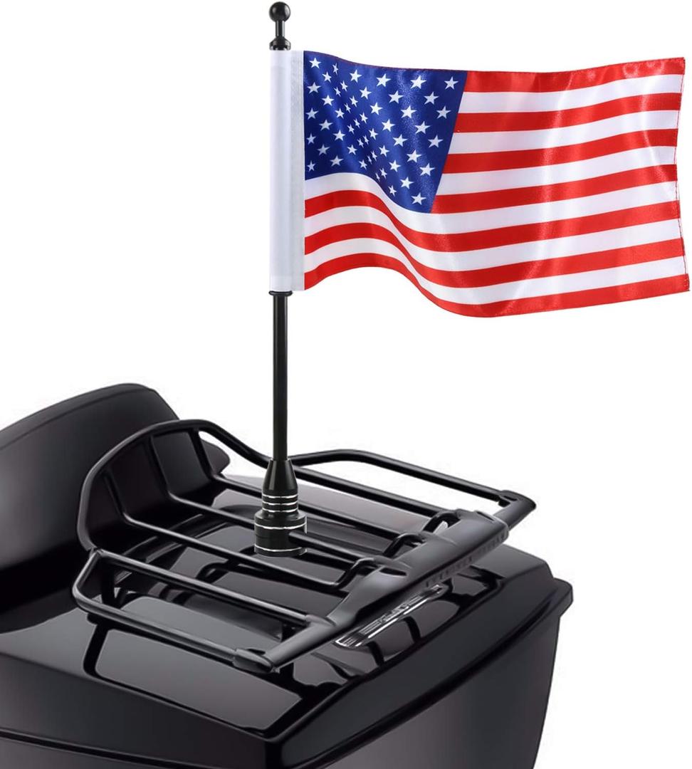 American Flag USA With Black Motorcycle Flag Pole Mount For Harley Davidson Honda Goldwing CB VTX CBR Yamaha - Fits 1/2" Round Luggage Rack
