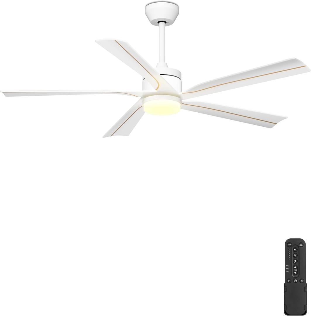 56" Ceiling Fan with Light, White Gold Ceiling Fan Remote Control - 3CCT, Quiet, Indoor Outdoor Ceiling Fans for Patios, Living Room, Kitchen