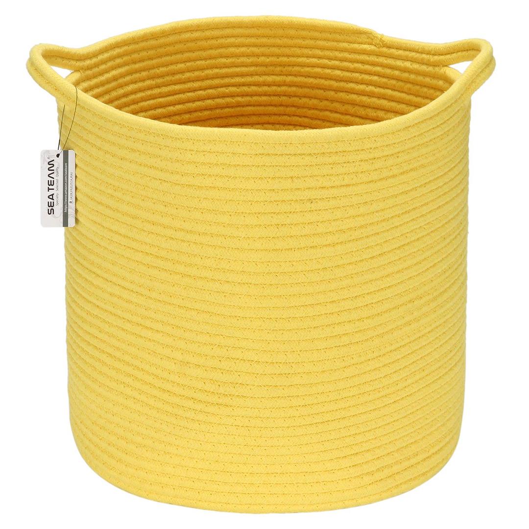 Sea Team Medium Size Cotton Rope Woven Storage Basket with Handles, Laundry Hamper, Trunk Organizer, Clothes Toys Bin for Kid's Room, 14 x 14 inches, Round Open Design, Yellow