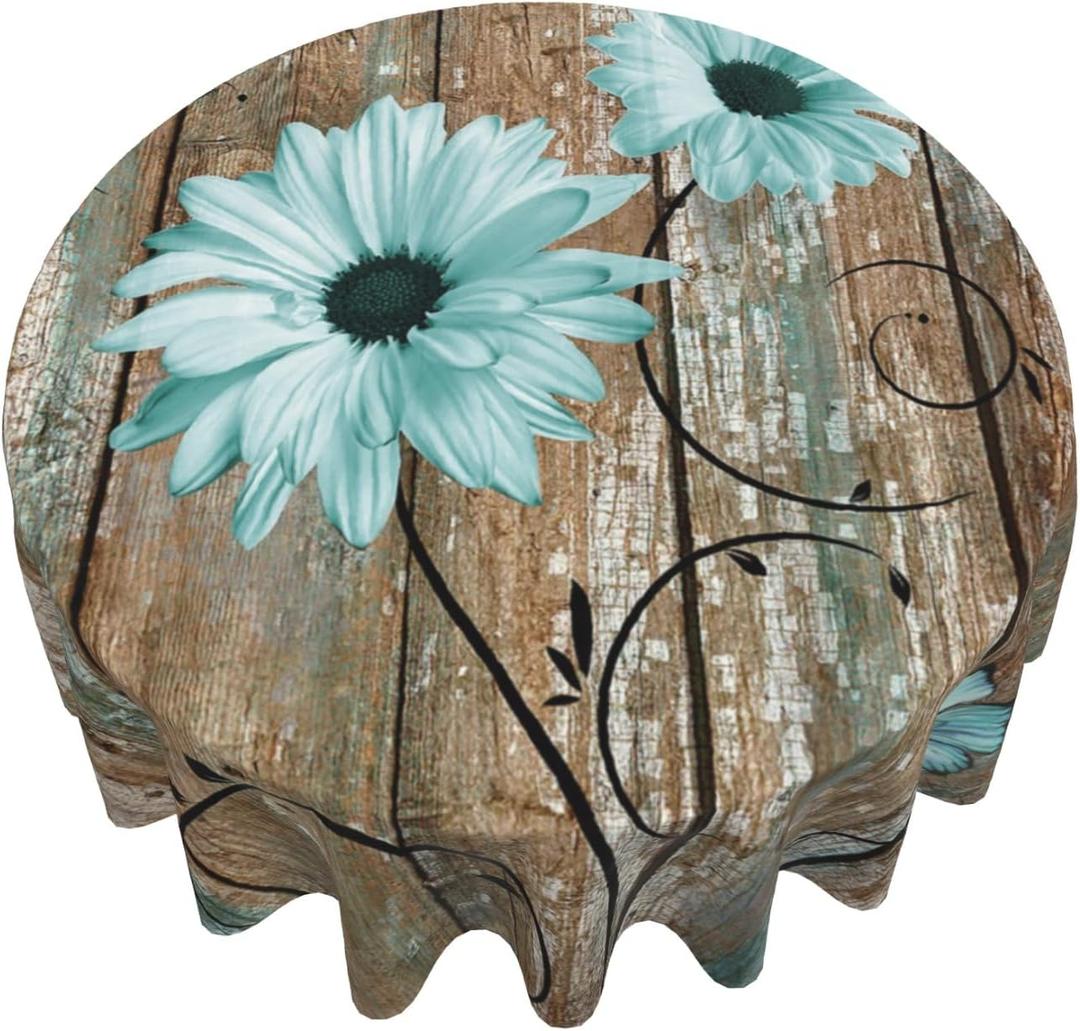 Giwawa Rustic Daisy Round Tablecloth 60 Inch Vintage Teal Sunflowers Wooden Board Circle Table Cover Shabby Chic Flower Barnwood Table Cloth Washable for Dining Kitchen Parties Cabin Decor