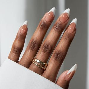 BTArtbox French Tip Press On Nails - Medium Press On Nails Almond, Natural Fake Nail with Nail Glue, Brown Glue On Nails in 16 Sizes - 32 Fake Nails Kit, Capable