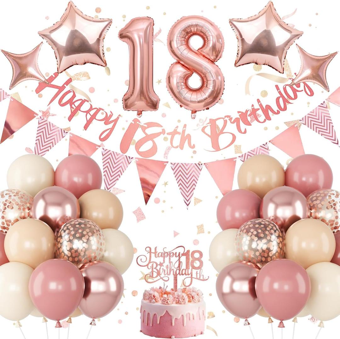 18th Birthday Decorations for Girls, Retro Pink Nude Number 18 Balloon Set Happy 18th Birthday Banner Cake Topper Dusty Pink Beige Rosegold Star Balloons for Boho 18 Year Old Bday Party Decor