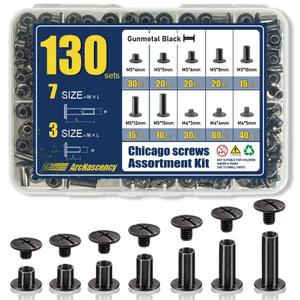130 Sets Gunmetal Black Chicago Screws Leather Rivets Kit, 7 Sizes (M5*4,5,6,8,10,12,15) & 3 Screw Lengths (M4*3,4,5) for Belts, Bookbinding, DIY Leather