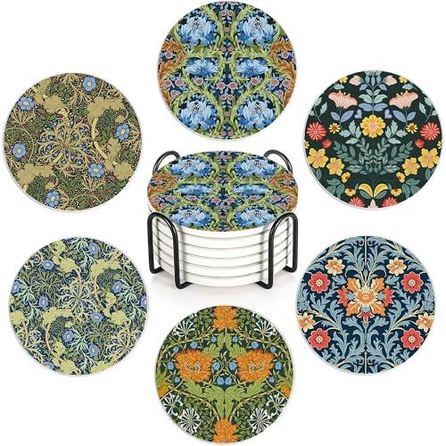 Coaster for Drinks Set of 6, Vintage Flower Absorbing Round Ceramic Stone Coaster with Cork Base,Tabletop Protection Mat for Mugs and Cups,Coffee Table Wine Glass Home Bar 4 Inch
