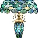 Tiffany Table Lamp Stained Glass Lamp 16X16X24 Inch Mother Daughter Antique Reading Lamp with Night Light (Sea Blue Pearl)