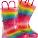 EUXTERPA Girls Glitter Light Up Waterproof Rain Boots Toddler Kids Rainbow Boots with Easy On Handles (3 Big Kid)