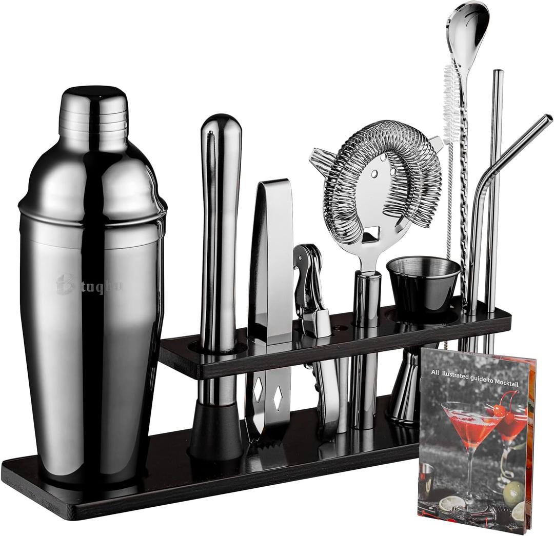 Bartender Kit with Stand, 11 Piece Set, Cocktail Shaker Set 24 oz Shaker Bar Tool Set for Beginner with Recipe (BLACK)