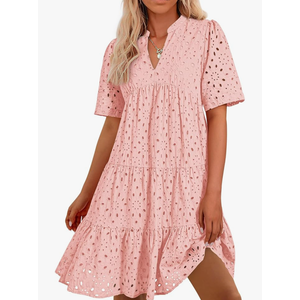 BTFBM Womens Boho Summer Dresses 2025 Resort V Neck Short Sleeve Hollow Out Lace Ruffle Casual Beach Mini Vacation Dress, XXL