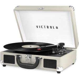 Victrola Journey Bluetooth Portable Suitcase Record Player  with Built-in Speakers, 3 Speed Vinyl Record Player, RCA Out, Headphone Jack (Light Grey)