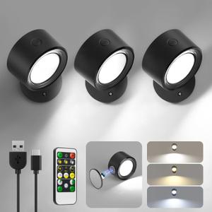 LED Wall Mounted Lights 3 Pcs with Remote, Wall Sconces Lamp 3000mAh Rechargeable Battery Operated, 3 Color Temperatures & Dimmable Magnetic 360 Rotation Cordless Light for Bedroom Bedside