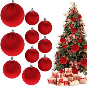 10pcs Red Velvet Christmas Ornament Balls Handmade Flocked Shatterproof Bauble for Xmas Trees Ornaments Hanging Decoration for Party Wedding Decor