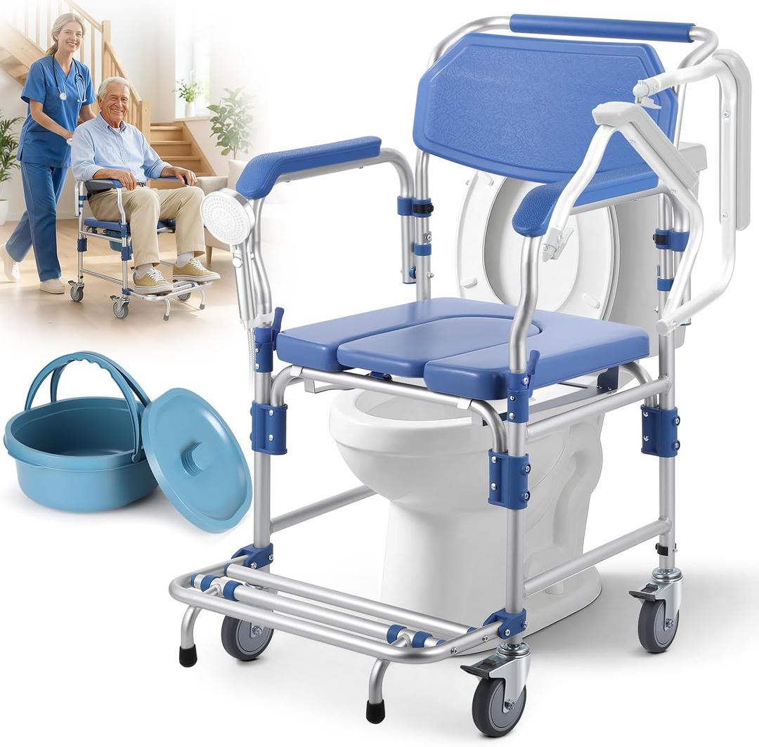 Bedside Commode Wheelchair with Drop Arms & Lockable Casters, Waterproof Aluminum Shower Chair, Anti-Tilt Foldable Footrest, Sponge Padded Seat, 330lbs Weight Capacity, 3 in 1 Bedside Commode Chair