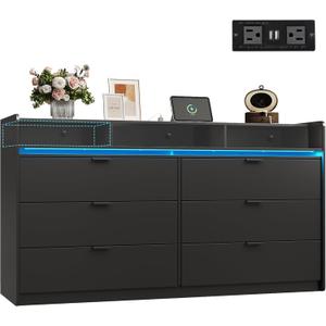 WLIVE 9 Drawer Led Dresser for Bedroom, 58.35'' Black Wood Dresser Storage Organizer with Power Outlets for 65'' TV, Dressers with Open Shelves, Chest of Drawers for Closet, Living Room