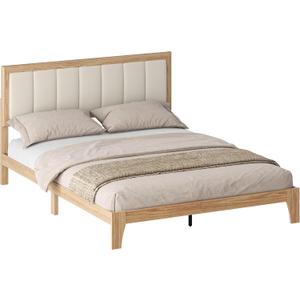 HOMCOM Queen Size Bed Frame with Upholstered Headboard, Platform Bed Frame with Wooden Slats, No Box Spring Needed, Easy Assembly, Oak