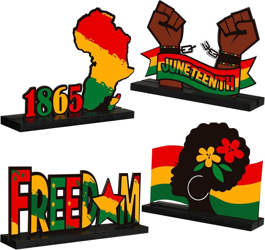 Chunful 4 Pcs Juneteenth Wooden Centerpieces Table Decorations June 19th Tables Centerpiece Happy Juneteenth Freedom Day Tabletopper Sign for Juneteenths Party Desktop Wooden Craft Decor