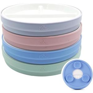 Elk and Friends Kids 6.7” Porcelain Divided Plates with Silicone Suction Sleeves + Silicone Lids | Suitable for Babies/Kids/Toddlers | Microwave & Dishwasher Safe | Non Slip | Snack Dishes | 4 Pack