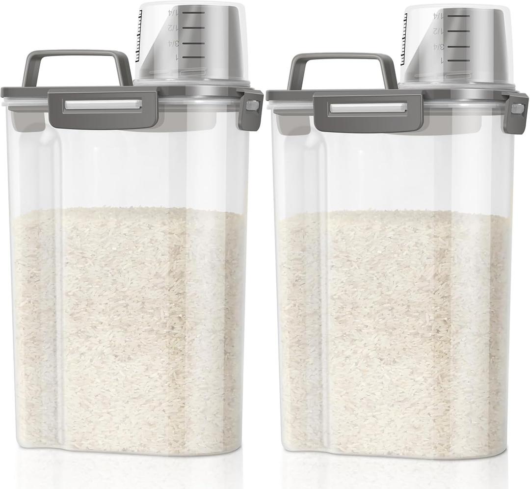 TBMax Rice Container Cereal Storage Container 2 Pack 5 Lbs, Kitchen Pantry Dry Food Storage Holder with Easy-Pouring Spout & Handy Cup, Small Pet Dog Cat Food Dispenser for Daily Feeding -Grey (Grey 3+3Qt)
