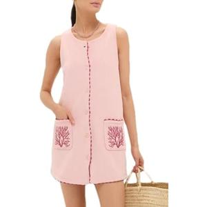 TBETNE Sleeveless Mini Dress for Women Faux Suede Soft Cover Up with Button Front Summer Casual Embroidered Shift Dress,S