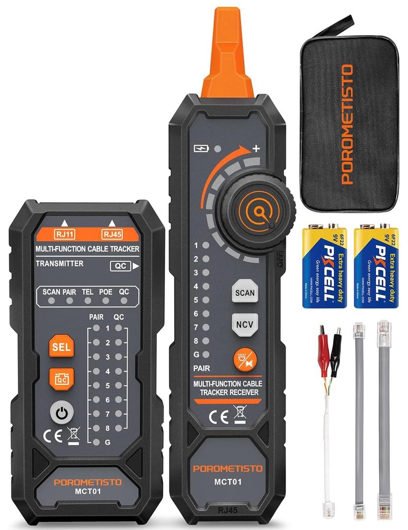 MCT01 4-in-1 Network Cable Tester POROMETISTO Ethernet Tester with PoE, NCV, Tone Tracing & Flashlight, RJ11 RJ45 Wire Tracer for Cat5/Cat6 Continuity, Telephone Line Polarity, Electrician Tool Kit