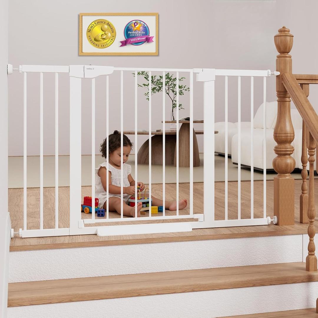 Cumbor 29.7-51.5" Extra Wide Baby Gate for Stairs, Pressure-Mounted Dog Gates for Doorways & Hallways, Auto-Close Walk-Through, No-Trip Design, Child Proof Safety, Dog/Pet Gate for Indoor Use, White