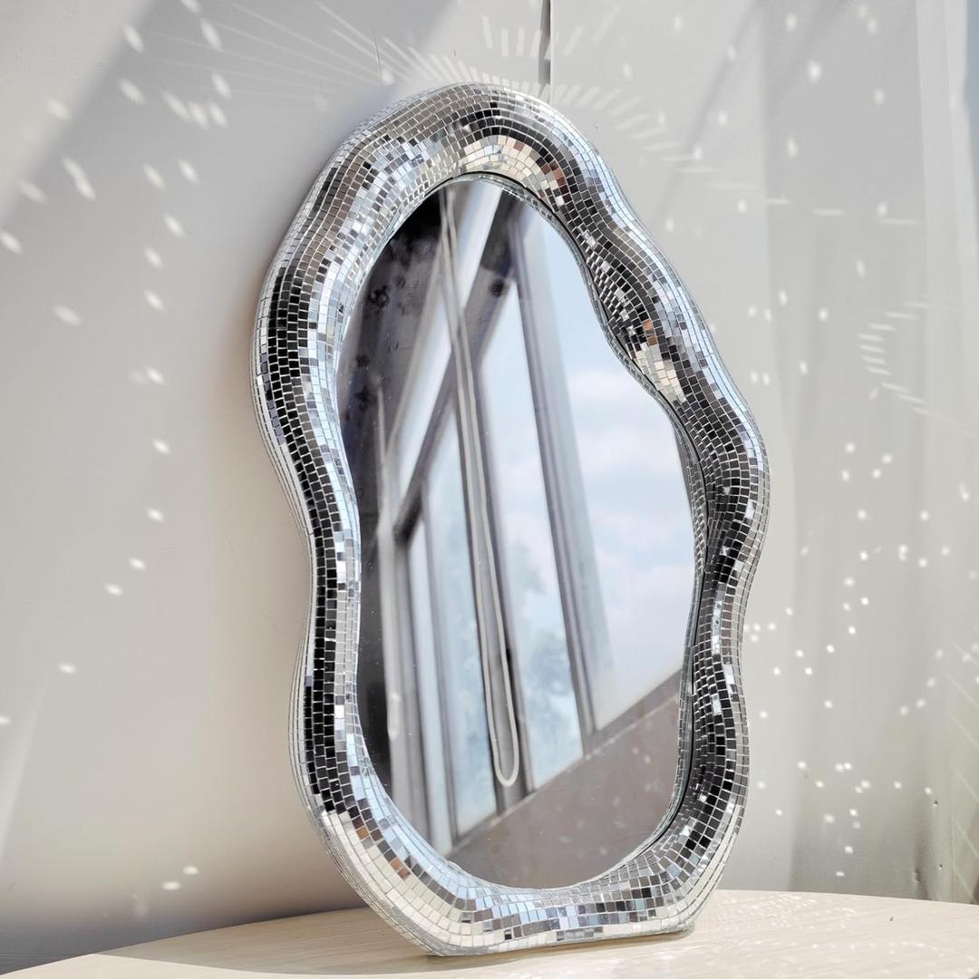 Disco Ball Mirror Wavy, 16" H x 10" W x1.2 D, Funky Table Wall Decor with Stand,Tabletop Vintage Silver Decorative Mirror, Handmade Gift (Large)