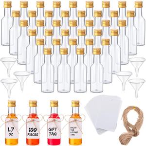 100 Pcs Mini Liquor Bottles Set, 1.7oz Plastic Shot Bottles with Caps, 6 Funnels, 100 Tags, and 65ft Ropes, Miniature Spirit Containers Bulk for Wedding Party Favors