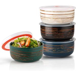YUN TAO 6 Inch Ceramic Bowls with Lids, Airtight Food Storage Containers Set of 4,23 oz Kitchen Bowl Set for Cereal, Salad, Soup, Pasta, Dessert, Serving, Ramen,Oven & Microwave Safe