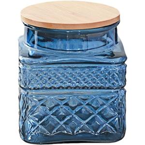 20.3oz Square Glass Canister, Candy Jar with Lid, Glass Food Storage Container for Ground Coffee, Tea, Sugar, Decorative Mason Jar Cute Jars (Blue)