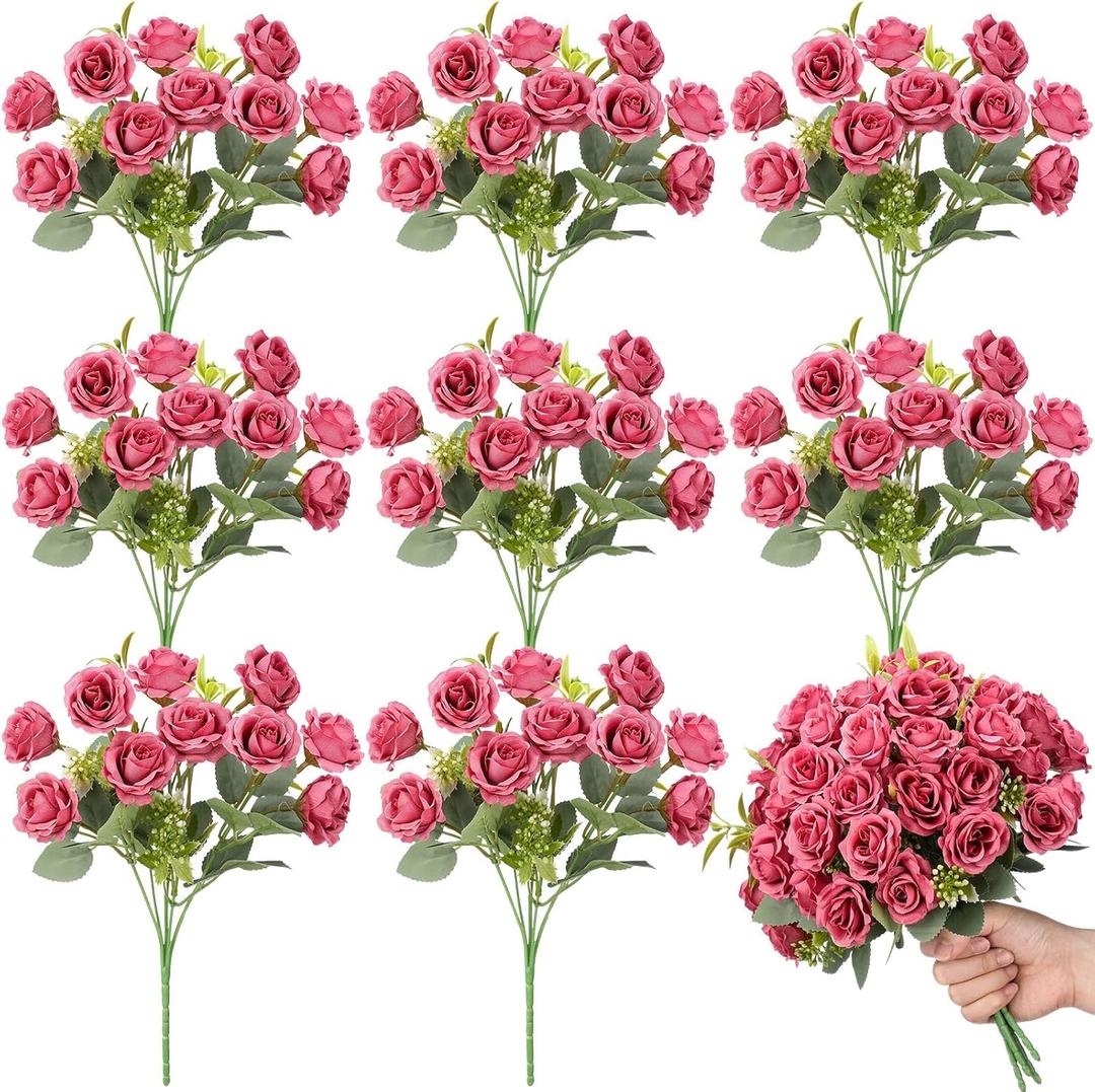 Zeyune 8 Pack 12 Inch Mini Pastel Pink Roses Artificial Flowers 80 Heads Fake Silk Roses with Stem Reusable Flower Bouquet for Wedding Birthday Party Arrangement Valentine's Day Decorations