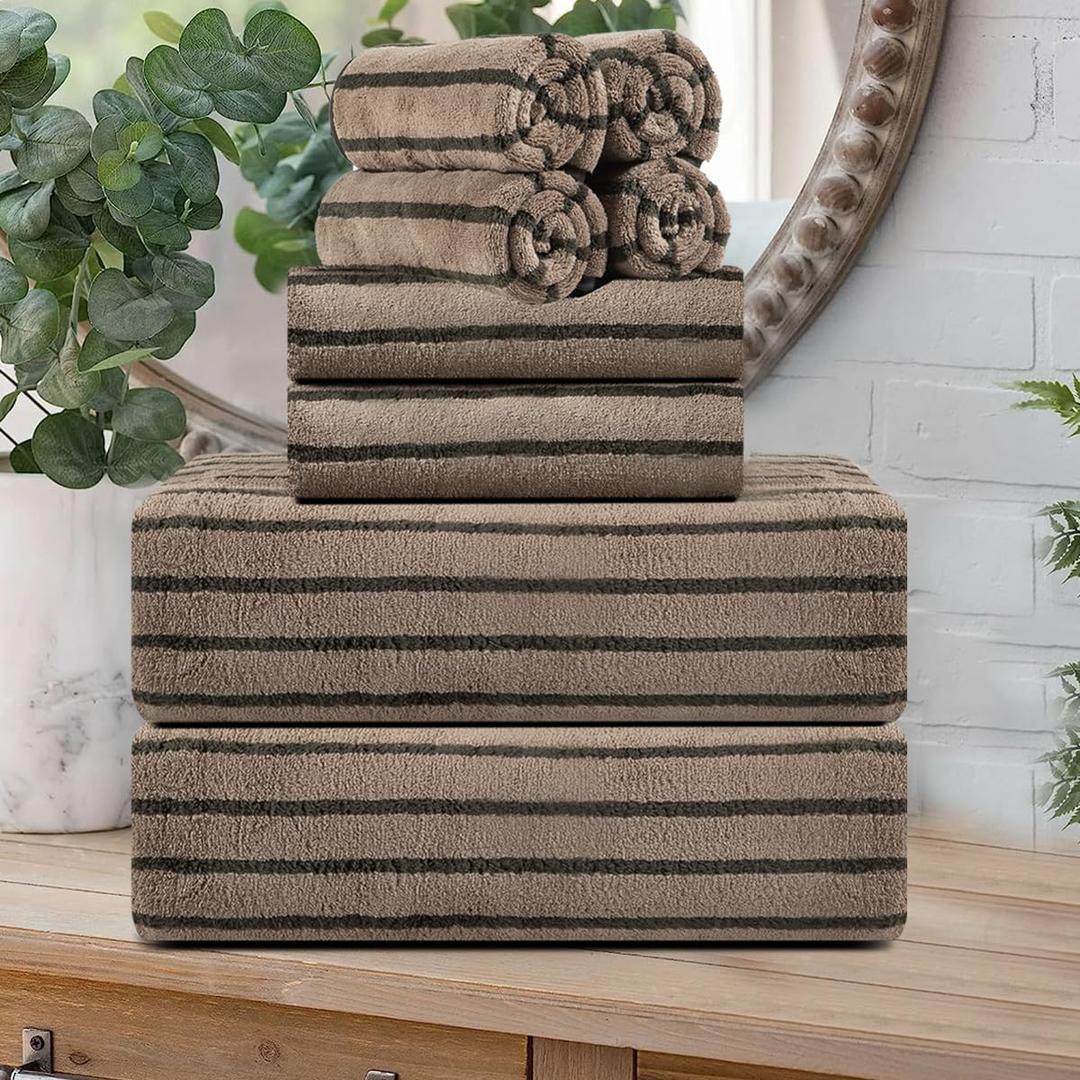 8 Pcs Polyester Brown Cabana Stripe Large Bath Towel Set-2 Bathroom Towels,2 Hand Towels,4 Washcloths Lightweight 600GMS Bath Sheet Absorbent Shower Towel Quick Dry Beach Chair Spa Gym Hotel Towels