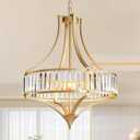 Crystal Chandeliers for Dining Room 21.6" Rustic Farmhouse Chandelier with Round Metal Shade 6-Light Large Gold Dining Room Light Fixture for Kitchen, Hallway, Bedroom, Foyer