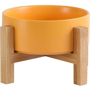 Elevated Ceramic Cat Bowl - Cat Food Bowl with Bamboo Stand - Raised Dog Dish for Puppies - Anti Vomiting, Stress Free - 13.5 oz / 400 ml - Yellow (Small)