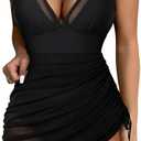 SUUKSESS Women Mesh One Piece Swim Dress Swimsuit Tummy Control Bathing Suit (Black, M)