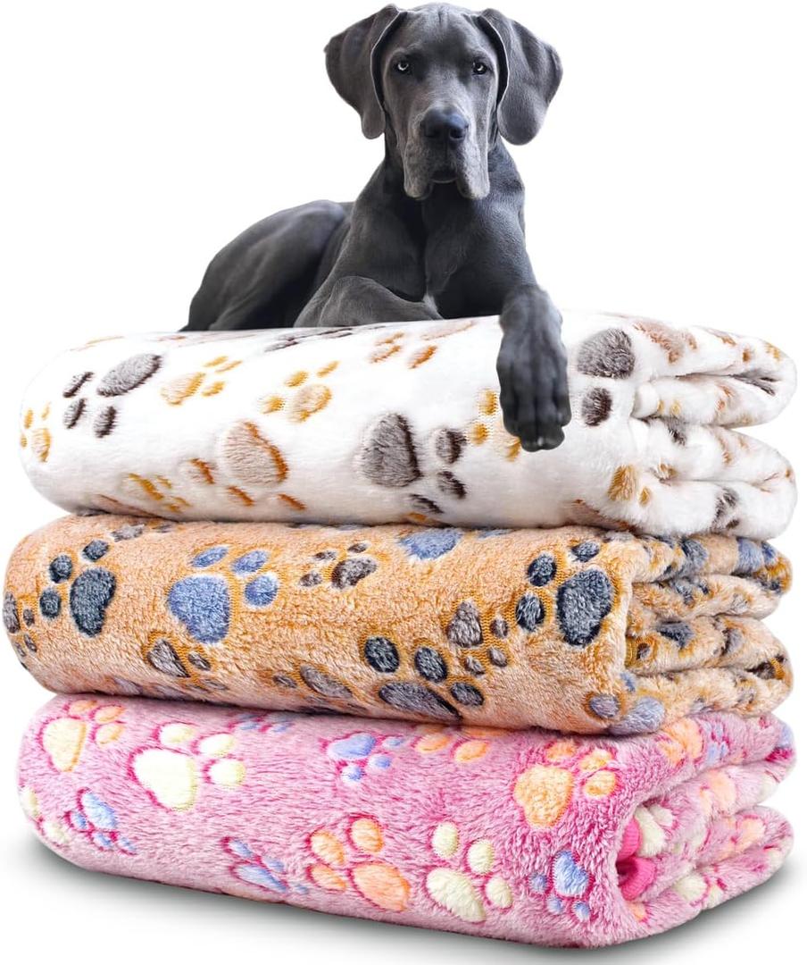 Dog Blankets for Medium Large Dogs, 3 Pack Dog Blanket Washable 41" x 31", Fuzzy Soft Pet Mat Throw Cover for Kennel Crate Bed, Cute Paw Pattern, Cat Blanket, Blankets for Dogs, Pet Blanket (White/Brown/Pink-3 Pcs)