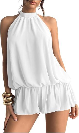 Women's Y2k Summer Halter Dress Tie Open Back Sleeveless Ruffle Hem Bubble Going Out Mini Dresses, Small