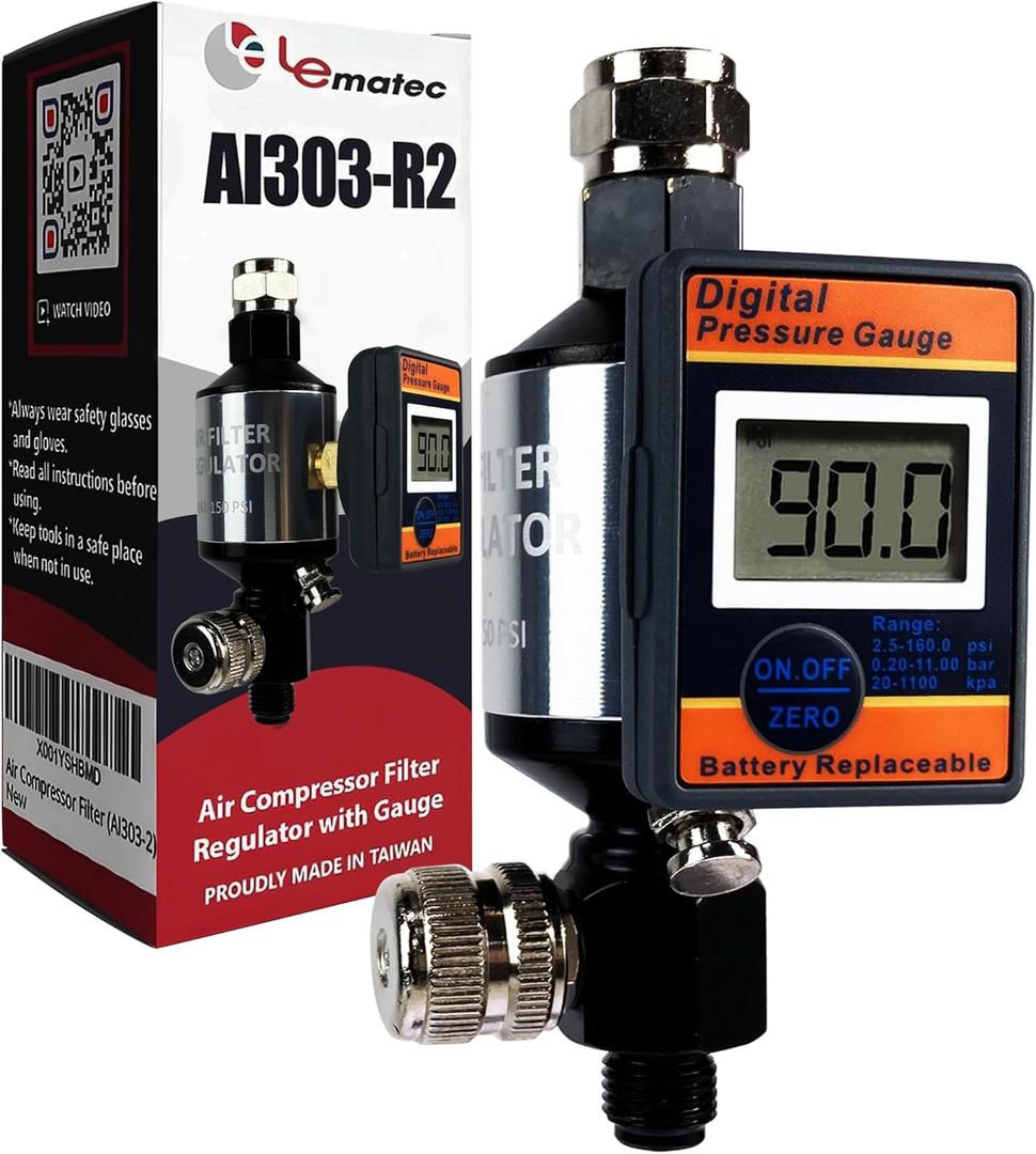 LE LEMATEC Digital Air Pressure Regulator & Filter with Water Separator, 1/4 NPT, Moisture Trap, Oil & Dirt Removal, Inline Dryer for Pneumatic Tools, Spray Paint Gun & Compressed Air System, AI303-R2