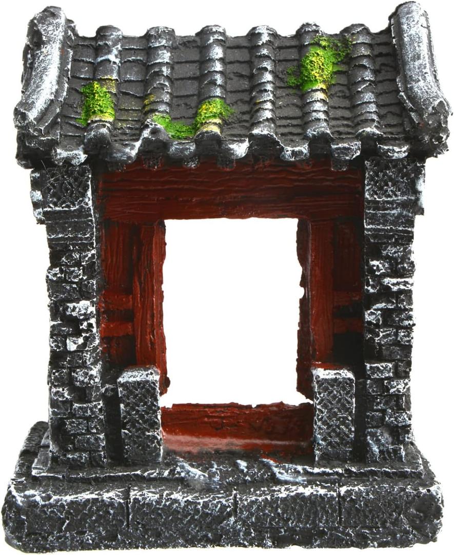 Saim Aquarium Decorations Classical Ancient Temple Ruins Ornament Chinese Old Building Decorations for Betta Fish Tank Fish to Sleep Rest Hide Play (Medium) Gray