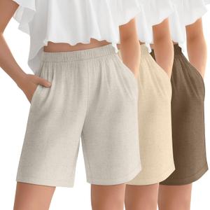 Oakgarden 3 Pack Girls Linen Bermuda Shorts | Knee Length, Elastic Waist, Casual, Loose Fit, Summer, with Pockets, Soft, Breathable, Lightweight, Stretchy, Cute