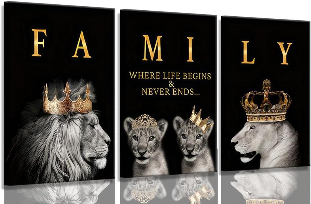 3Pcs Framed Lion Family Canvas Wall Art The Lion King and Queen with Gold Crown Poster Modern Motivational Black and White Animal Wall Decor Painting for Home Bedroom Living Room Office decoration