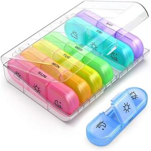 Pill Organizer 3 Times a Day, Daily Pill Box 7 Day, Weekly Cases Medicine Organizers to Hold Vitamins and Medication (Multicolor) 2 Pcs