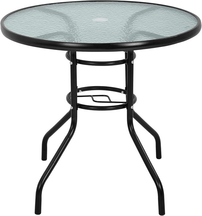 FDW | 32" Outdoor Patio Table with Tempered Glass | Round Coffee Table
with Umbrella Hole | 176 Max Load | Easy to Clean and Assemble | For Homes, Porch, Cafes, Poolside, Beach