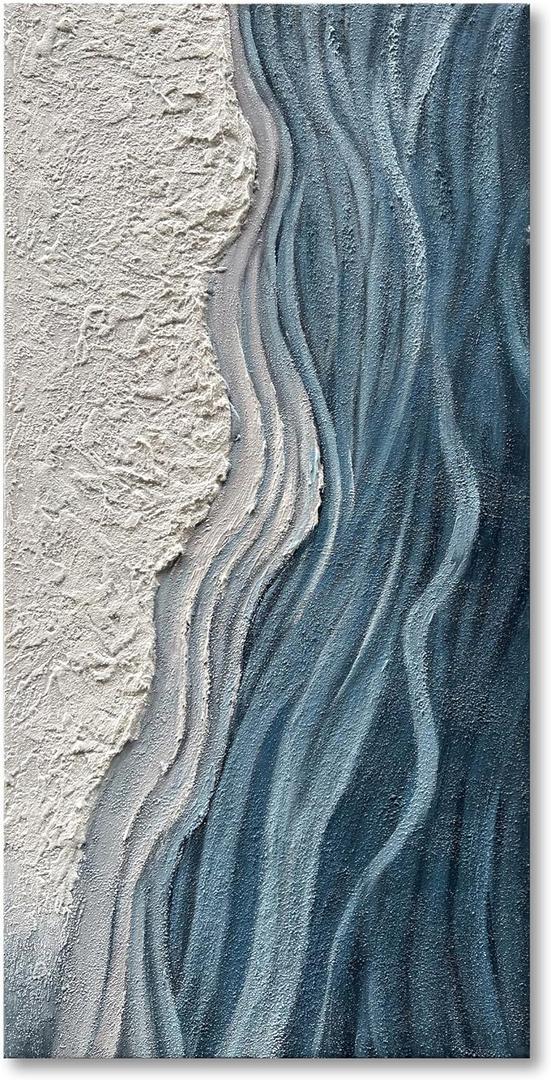 Art 24x48 inches Hand-Painted Blue and White Textured Art Oil Painting - Modern Abstract sea Wave Landscape Art - Suitable for Wall Decoration in Home Office